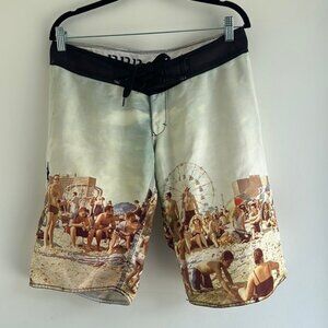 RDP Board Shorts With Beach Scene Graphic